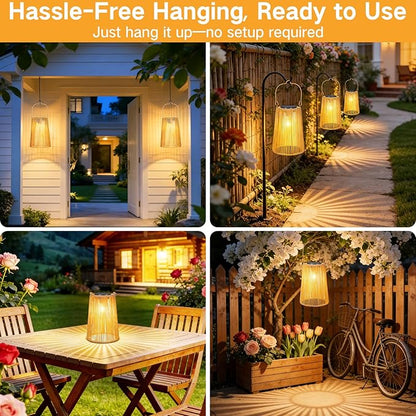 4 Pack Solar Lanterns Outdoor Waterproof, Hanging Rattan Woven Solar Lights with Auto On/Off, Decorative Gifts for Garden, Yard, Patio, Tree, Porch, Lawn, Pathway & Outside Tabletop Decor
