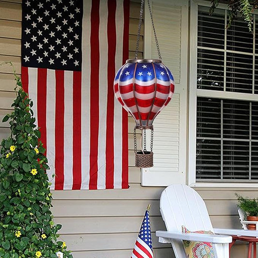 TERESA'S COLLECTIONS Hot Air Balloon Solar Lantern for Patriotic Garden Decor, 4th of July Hanging Flickering Flame Outdoor Lights for Trees, Blue&Red Memorial Day Decorations for Party Gift for Mom