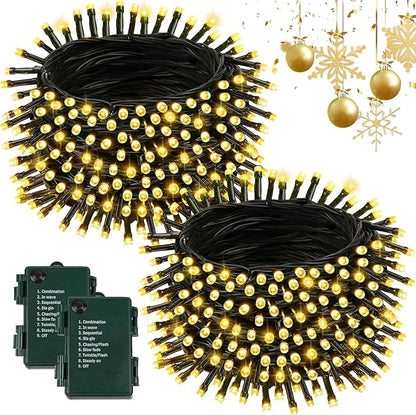 2 Pack Battery Operated Christmas Lights with Timer, 66FT 200 LED Waterproof Battery Twinkle Light, 8 Modes Green Wire Fairy Lights for Indoor & Outdoor Bedroom Tree Christmas Decorations (Warm White)
