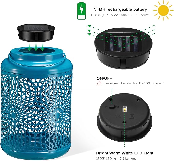Glitzhome Solar Lantern Blue Metal Cutout Scrollwork Outdoor Hanging Solar Light with Handle for Garden Patio Yard Outdoor Decor
