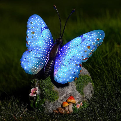 Solar Butterfly Garden Statue Weatherproof Outdoor Hand-Painted Decor Butterfly Resin Figurine Blue