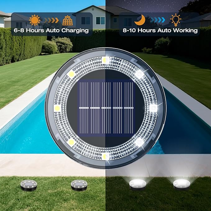 12-Pack Solar Ground Disk Lights, Cold White Waterproof LED