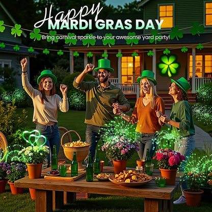 4 Pack St. Patrick's Day Solar Lights Outdoor, Solar Garden Lights Outside Fairy Firework Decorative,Solar Powered for Wedding,Yard Pathway Party Balcony Patio Decor (Green