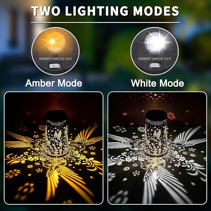 Solar Lanterns Outdoor Waterproof 2 Pack, 2 IN 1 Amber & White Modes Upgraded, Bird Garden Decor Gifts for Women Mom Grandma, Metal Hanging Solar Light Decoration for Yard Patio Porch Pathway