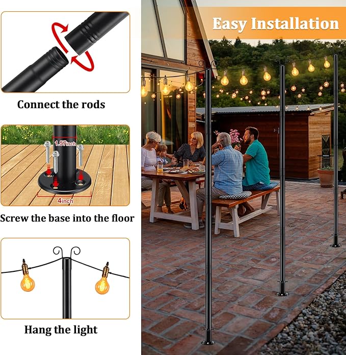 String Light Pole for Ground, 8FT Heavy Duty Adjustable Metal Poles for Outdoor String Light Hanging with Flange Base, Backyard, Garden, Patio, for Party (1 Pcs)