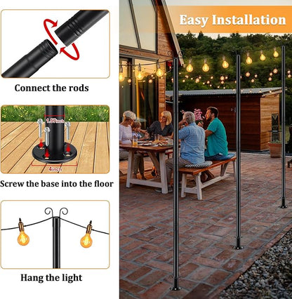 String Light Pole for Ground, 8FT Heavy Duty Adjustable Metal Poles for Outdoor String Light Hanging with Flange Base, Backyard, Garden, Patio, for Party (1 Pcs)