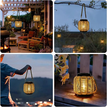 Livinlarge Solar Rattan Lantern with Twine Handle - Outdoor Waterproof Solar Lanterns for Table, Deck, Yard, Patio, Walkway, Porch & Home Decor