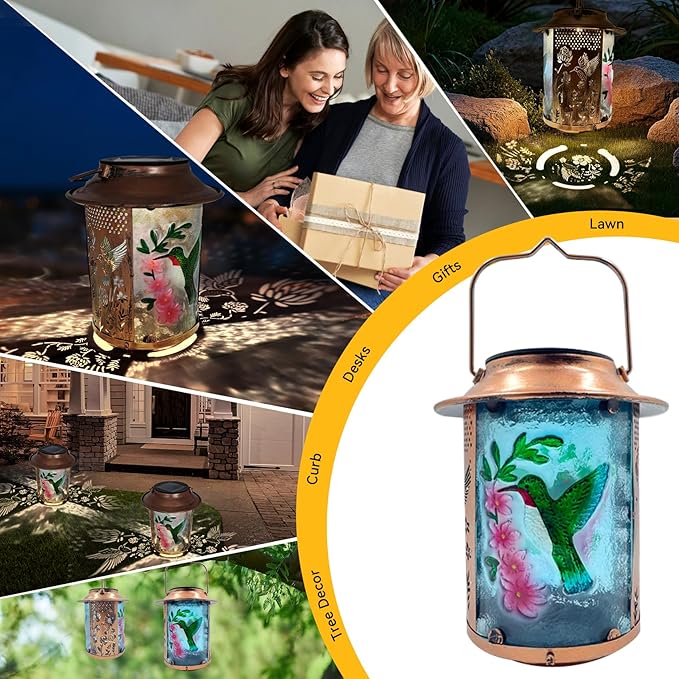 10" H Hummingbird Solar Lanterns Outdoor, Metal Glass Hanging Solar Lamp with Hollow Out Retro Hummingbird Lights, Decorative for Garden Yard Patio Pathway Tabletop Gifts