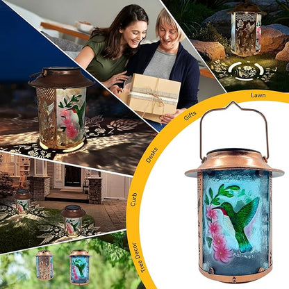 10" H Hummingbird Solar Lanterns Outdoor, Metal Glass Hanging Solar Lamp with Hollow Out Retro Hummingbird Lights, Decorative for Garden Yard Patio Pathway Tabletop Gifts