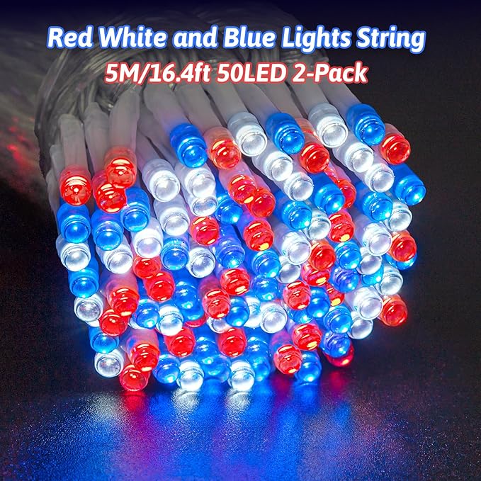 Red White and Blue Lights String 4th of July Decorations Outdoor Total 100 LED 33ft for Memorial Day Decorations, Battry Operated Waterproof with Timer Patriotic for Independence Day, 2-Pack
