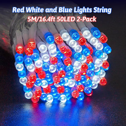 Red White and Blue Lights String 4th of July Decorations Outdoor Total 100 LED 33ft for Memorial Day Decorations, Battry Operated Waterproof with Timer Patriotic for Independence Day, 2-Pack