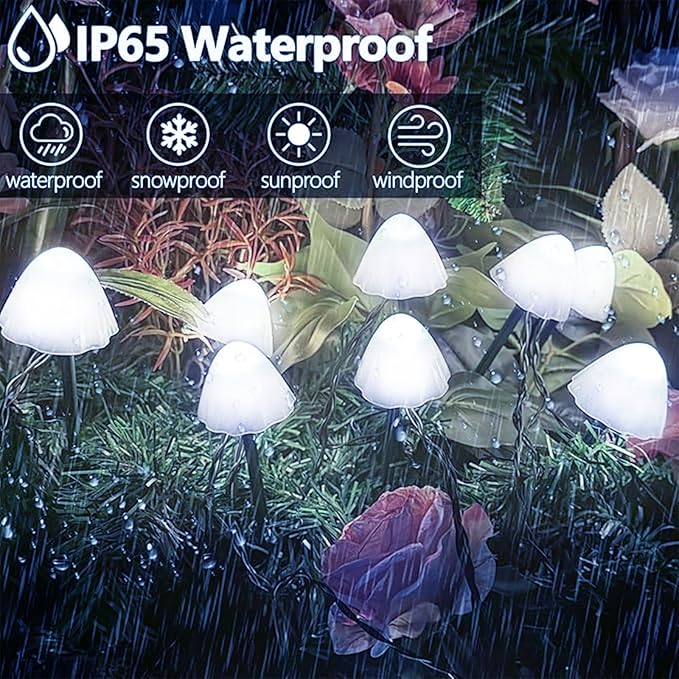 OZS 2PK 32LED 55FT Mushroom Solar Garden Lights Outdoor, Solar String Lights Waterproof with 8 Lighting Modes, Solar Garden Decor for Outside, Pathway Light for Yard Decoration (Cool White)