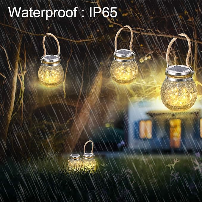 Solar Hanging Lanterns Outdoor Waterproof, Table Lamps Decorative Cracked Glass Jar 30 LED Lights for Garden Tree Court Yard Patio Pathway Christmas Day Holiday Party Decoration (1, Warm Light)