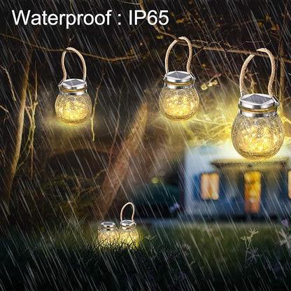 Solar Hanging Lanterns Outdoor Waterproof, Table Lamps Decorative Cracked Glass Jar 30 LED Lights for Garden Tree Court Yard Patio Pathway Christmas Day Holiday Party Decoration (1, Warm Light)