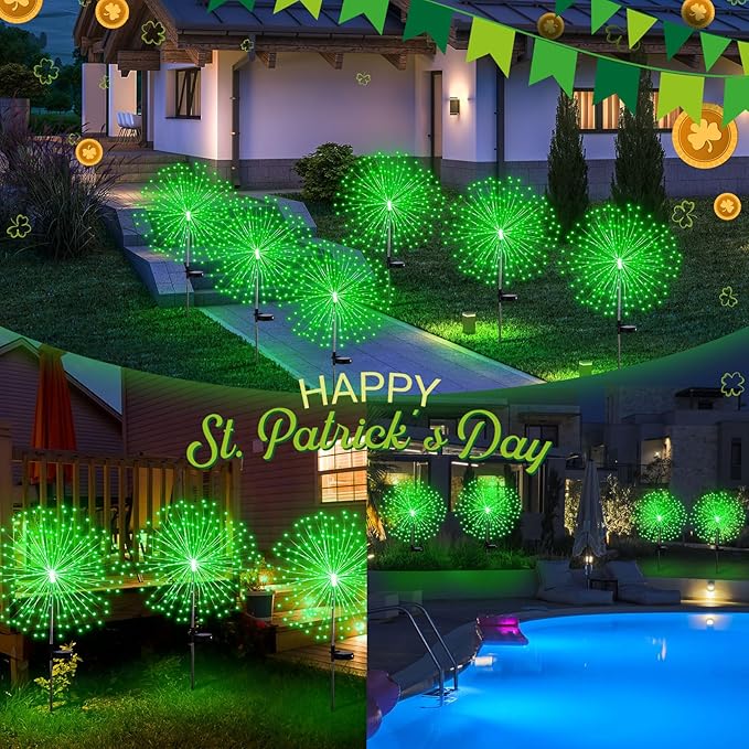6 Pcs St. Patrick's Day Solar Firework Stake Lights 180 LED 8 Modes Waterproof LED Sparkler Lights Outdoor Decoration for Irish Garden Patio Yard Pathway Walkway Lawn, Green