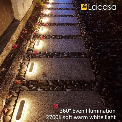 Lacasa Solar Deck Lights, 4 Pack 40LM Solar Powered Step Lights, LED Dock Light Warm White 2700K Outdoor In-Ground Lights IP68 Waterproof Auto ON/Off for Garden Stairs Driveway Pathway Lighting