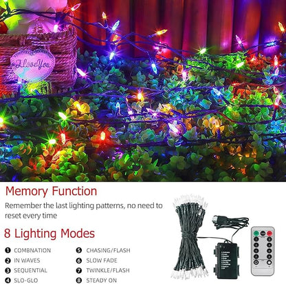 Tcamp Battery Operated Christmas Lights Outdoor Indoor, 33ft 100LED Christmas Tree Lights with Remote Timer, 8 Modes Waterproof Fairy String Lights for Christmas Tree Wreath Party Decor (Colored)