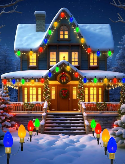 C9 Christmas Pathway Stake Lights, 7Ft String Lights with 4 Jumbo C9 Multicolor LED Bulbs, Stake, Christmas Decorations for Outdoor Garden Walkway
