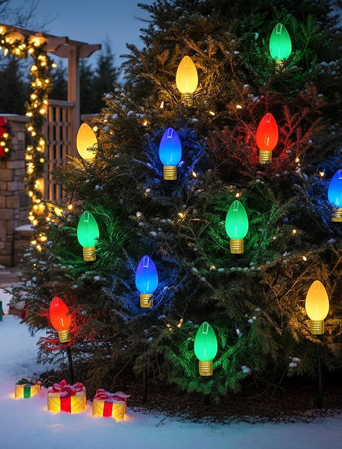 Jumbo C9 LED Christmas Pathway Lights Outdoor, 2 Pack 7 Ft Jumbo Christmas Lights with Pathway Marker Stakes, 8 Giant Multicolor Bulbs Outdoor Holiday Decorations for Lawn Yard Garden