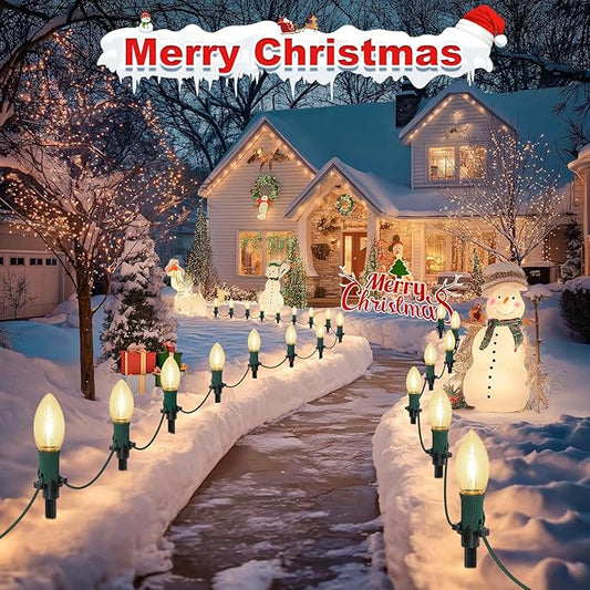60Ft C9 Led Christmas Pathway Lights Outdoor, 40 Warm White Bulbs Waterproof Connectable Extra Long Christmas Walkway Lights for Large Driveway, Yard, Lawn