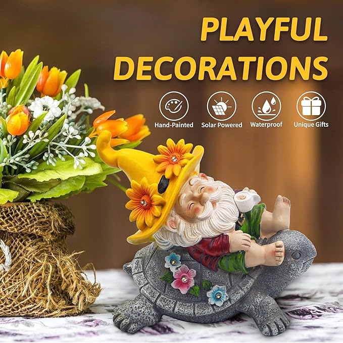 Christmas Garden Gnomes Outdoor Decor: Funny Sunflower Gnome Sitting on Turtle with Solar Lights Outside Decoration for Lawn Yard Patio Garden Gifts for Women