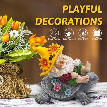 Christmas Garden Gnomes Outdoor Decor: Funny Sunflower Gnome Sitting on Turtle with Solar Lights Outside Decoration for Lawn Yard Patio Garden Gifts for Women