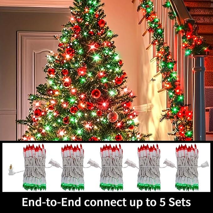LAMPHOME 100 Count Red Green Christmas Lights, White Wire 20Ft Incandescent Holiday String Light Set for Indoor Outdoor Use Christmas Tree, Halloween, Valentine Wedding Lighting Decoration