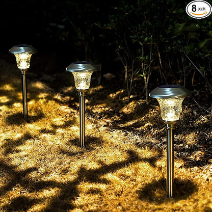 GIGALUMI 8 Pack Solar Pathway Lights, Solar Garden Lights Outdoor Warm White, Waterproof Led Path Lights for Yard, Patio, Landscape, Walkway (Stainless Steel)