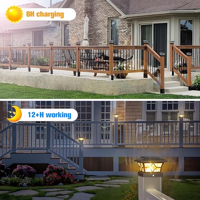 VOLISUN Solar Post Cap Lights Outdoor, Solar Powered Fence Cap Lights for 4x4 Vinyl/Wood, Black Waterproof Solar Deck Post Light 4Pack Cool/Warm for Garden Patio Porch