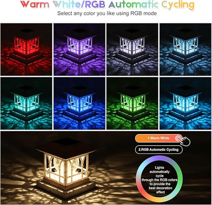 Fence Post Solar Lights, Crackle Glass Solar Post Cap Lights, 20 Lumens, Warm White & RGB Automatic Cycling 2 Modes for 3.6x3.6 4x4 4.5x4.5 5x5 Vinyl Wooden Posts Decoration, White (2 Pack)