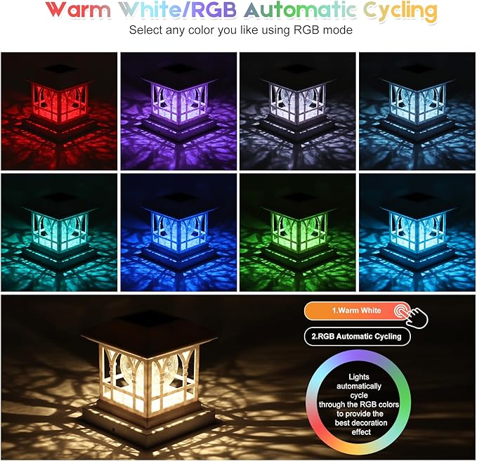 Fence Post Solar Lights, Crackle Glass Solar Post Cap Lights, 20 Lumens, Warm White & RGB Automatic Cycling 2 Modes for 3.6x3.6 4x4 4.5x4.5 5x5 Vinyl Wooden Posts Decoration, White (12 Pack)