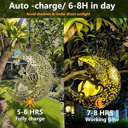 Solar Garden Fairy Statues Decor Hanging Lights,Outdoor Moon Decorations Metal Yard Art,Housewarming for Patio,Wall,Fences,Trail,Great Gift Idea for Gardening Mom and Grandma