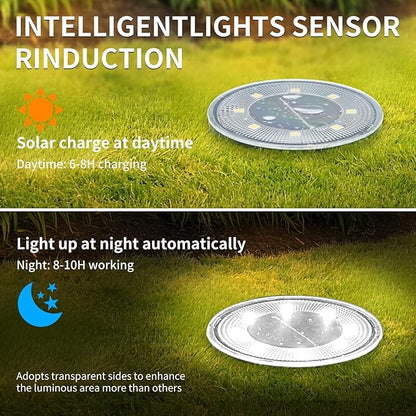 Ground Lights 8 Pack, IP68 Waterproof Solar Disc Lights for Outdoor, Flat Garden Light, In-Ground Light, Landscape Lighting for Pathway, Walkway, and Yard-8 Pcs (Cold White)