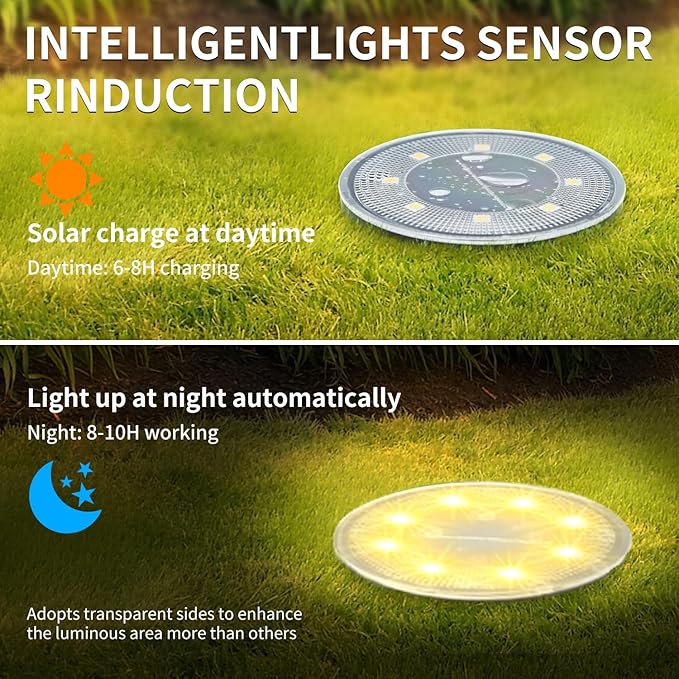 Ground Lights 12 Pack, IP68 Waterproof Solar Disc Lights for Outdoor, Flat Garden Light, In-Ground Light, Landscape Lighting for Pathway, Walkway, and Yard-12 Pcs (Warm White)