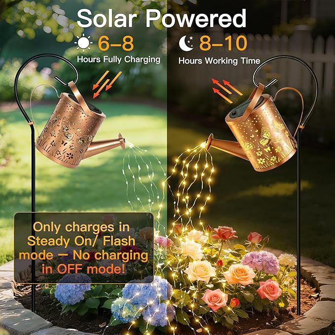 Ollny Solar Watering Can with Cascading Lights Outdoor Garden Decor, Birthday Gifts for Mom Grandma Women, IP65 Waterproof 2 Lighting Modes Hanging Lanterns for Yard Patio Lawn (Butterfly)