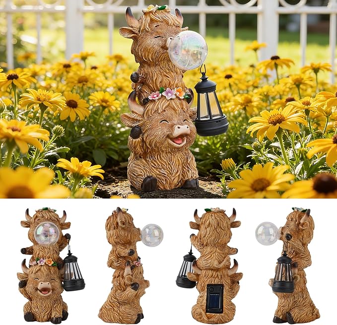 Solar Highland Cow Garden Statue with LED Lights, Cute Resin Outdoor Decor with Glowing Lantern & Light-Up Bubble, Waterproof Solar Yard Ornament for Lawn, Patio & Garden (Brown Cow)