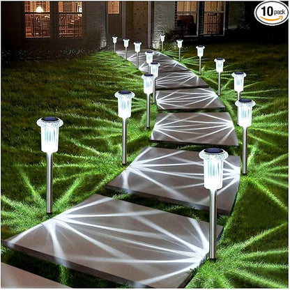 DenicMic Solar Lights Outdoor 10 Pack Waterproof 6000K Cold White LED Stainless Steel Stake Outside Lights for Yard Pathway Garden Driveway Walkway Landscape Path Lighting