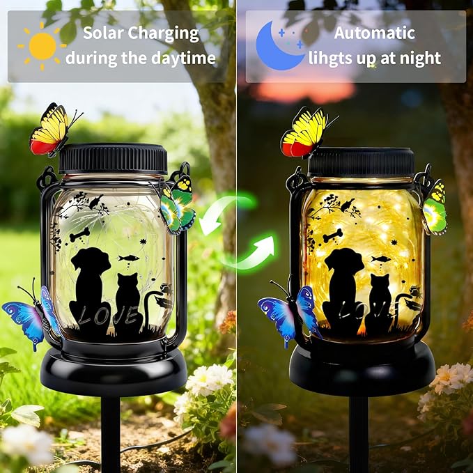 Dog Solar Lanterns Outdoor Garden Solar Dog Lights Dog & Cat Lover Gifts for Women Mom Grandma, Butterfly Fairy Lights Waterproof Hanging Mason Jar Lamps (Dog Cat Butterfly)