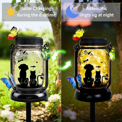 Dog Solar Lanterns Outdoor Garden Solar Dog Lights Dog & Cat Lover Gifts for Women Mom Grandma, Butterfly Fairy Lights Waterproof Hanging Mason Jar Lamps (Dog Cat Butterfly)