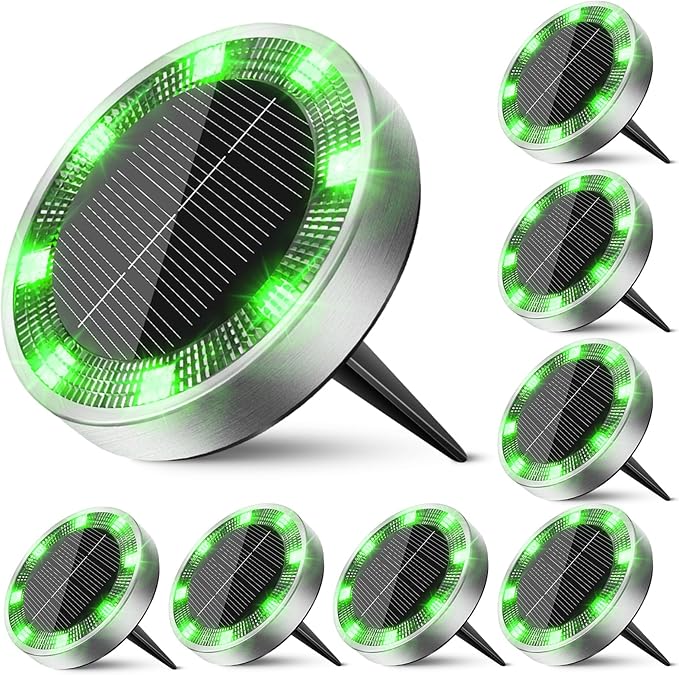 8-Pack Green In-Ground Solar Lights, Flat LED Walkway
