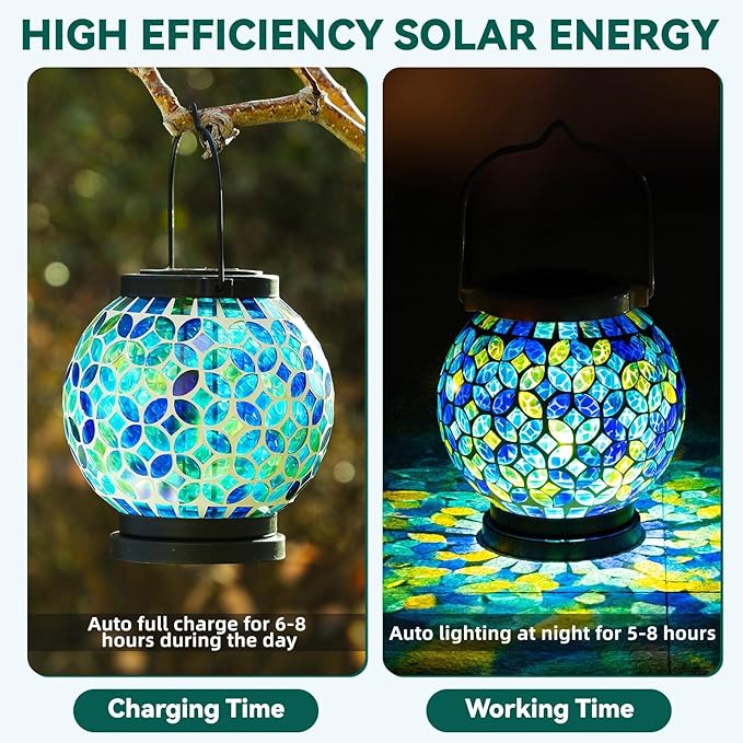 Mosaic Solar Hanging Lanterns, Metal Garden Decor