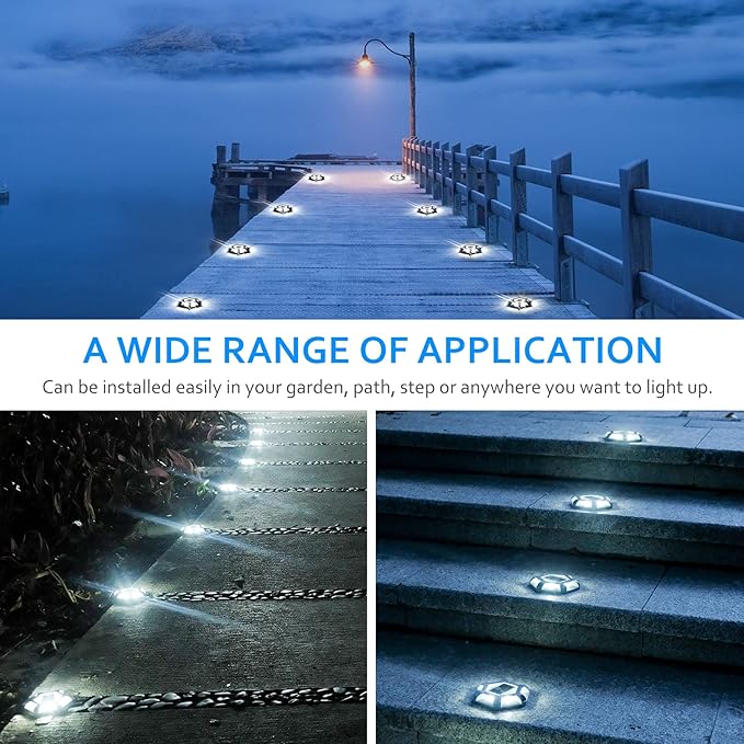Solar Dock Lights Driveway Deck Lights - 8 Packs Waterproof 1200mAh Outdoor LED Aluminum Dock Lighting Warning Step Light for Driveway Sidewalk Garden Pathway Yard (White)