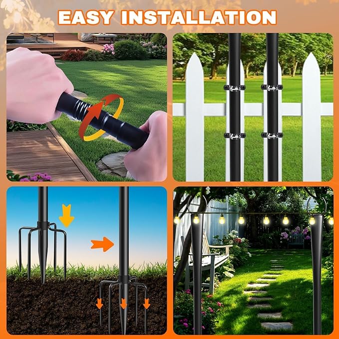 4 Pack 10Ft String Light Poles, Metal Poles with Fork for Outside Lights,Outdoor Metal Light Stand with Fence Brackets Hanging Lights for Garden Patio Wedding Backyard (4 PACK-Upgraded Version)