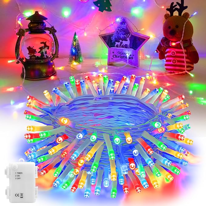 Christmas Lights Battery Operated Outdoor Waterproof, Multicolor Christmas Lights with Timer White Wire 16.4ft 50LED Christmas Decorations Garland Party Garden