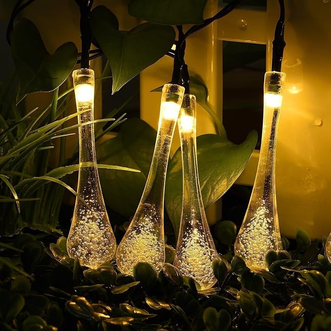 Solar String Light Outdoor Waterproof Solar Drop Lights,Water Drop Fairy Lights 13ft 20LEDs Solar Light with 8 Modes Solar Party Lights for Garden,Christmas Decorations (Warm White)