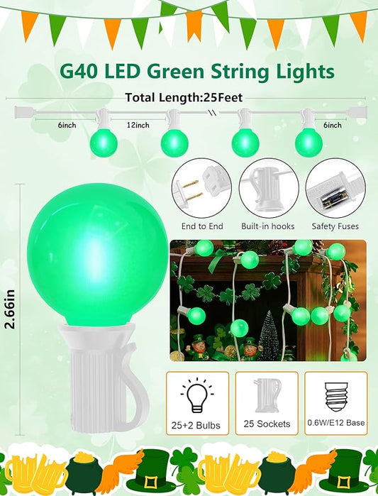 25FT G40 LED Outdoor St. Patrick's Day Green String Lights, St. Patrick's Day Decorations Lights with 27 Shatterproof Globe Bulbs, Hanging Patio Lights for Backyard Garden Party Wedding Christmas