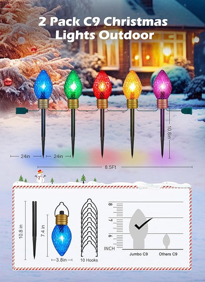 Strawberry Jumbo C9 Christmas Pathway Lights Outdoor - 2 Pack Total 17 Feet 10 LED C9 Christmas Light, C7 Light Covered Jumbo Bulb Christma Lights Outdoor Decorations for Yard Lawn Holiday Outside
