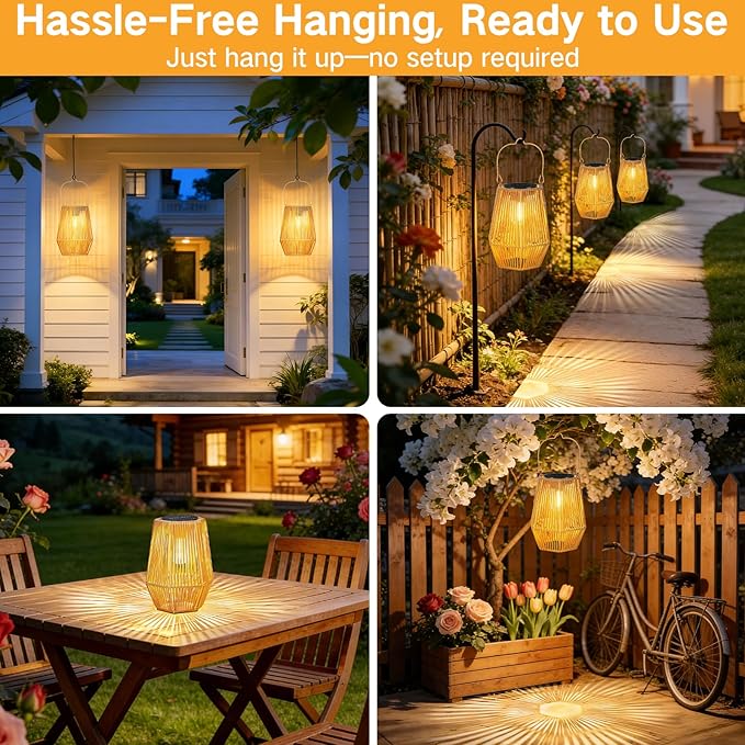 Solar Lanterns Outdoor Waterproof, Hanging Rattan Woven Solar Lights with Auto On/Off, Decorative Gifts for Garden, Yard, Patio, Tree, Porch, Lawn, Pathway & Outside Tabletop Decor
