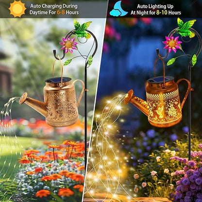 2 Pack Solar Lanterns Outdoor Waterproof,Hummingbird Watering Can Garden Decor,Hanging Solar Path Lights Yard Art,Outside Patio Decorations Gardening Christmas Gifts for Mom Grandma Women (Warm White)