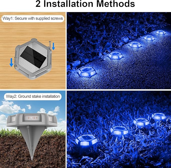 Solar Deck Lights Driveway Dock Lights 4 Pack, Waterproof Outdoor Solar Powered LED Driveway Marker Light Aluminum Warning Step Light for Sidewalk, Garden Pathway, Walkway, Yard, Marine (Blue)